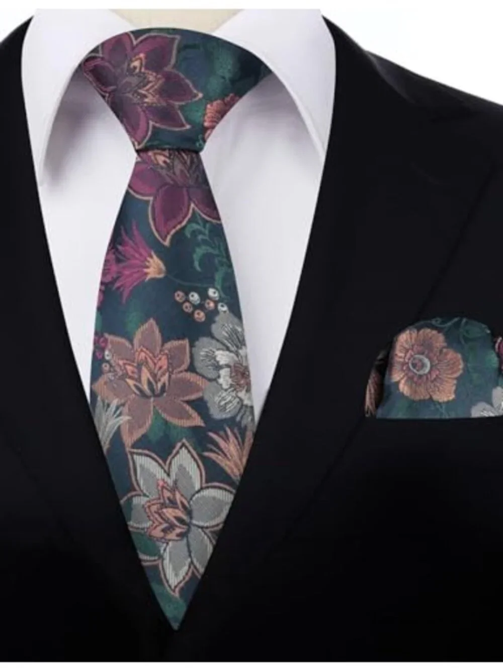 Men's Floral Necktie & Handkerchief Set - 100% Polyester - 3.15